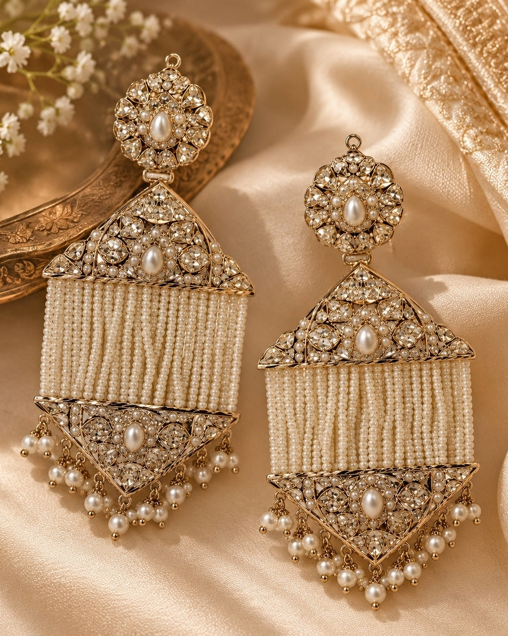 Gold Plated Jadau Pearl Tassel Statement Earrings