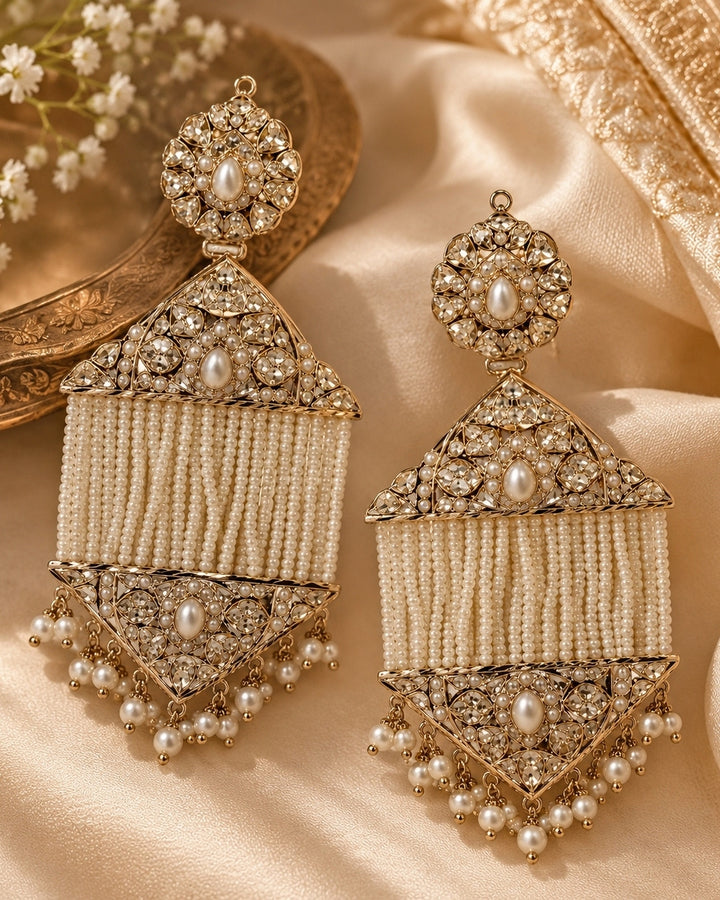 Gold Plated Jadau Pearl Tassel Statement Earrings