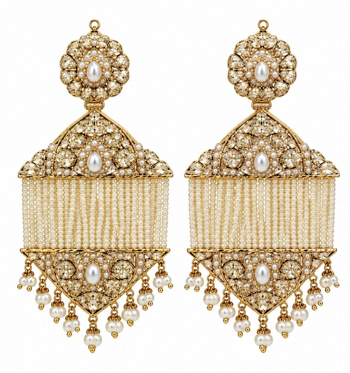 Gold Plated Jadau Pearl Tassel Statement Earrings