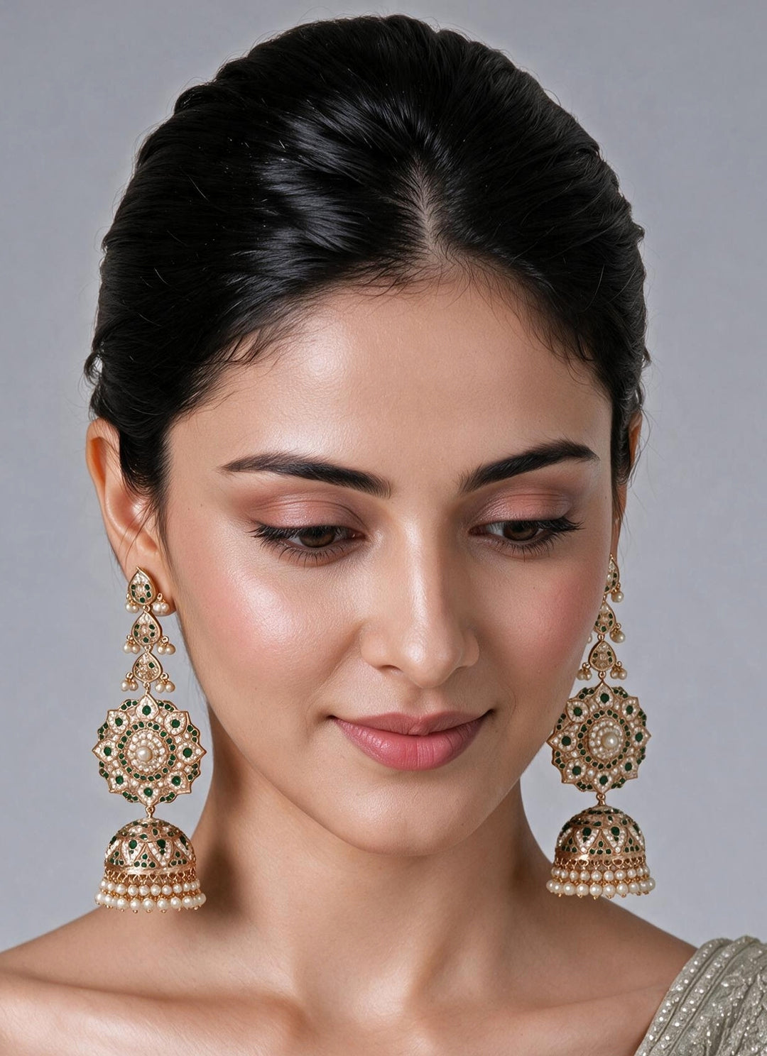 Emerald Green Stone Jadau Pearl Jhumka