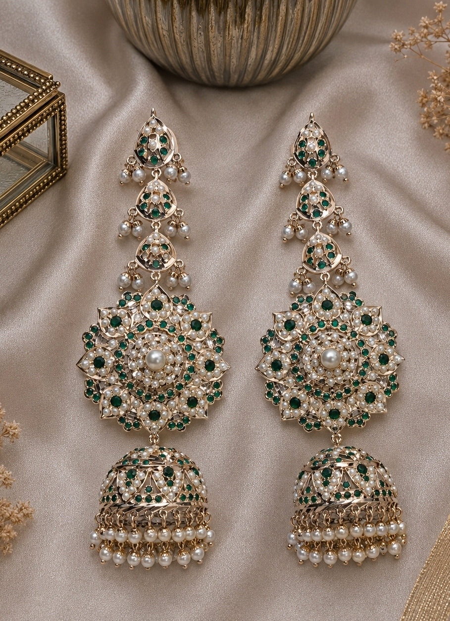 Emerald Green Stone Jadau Pearl Jhumka