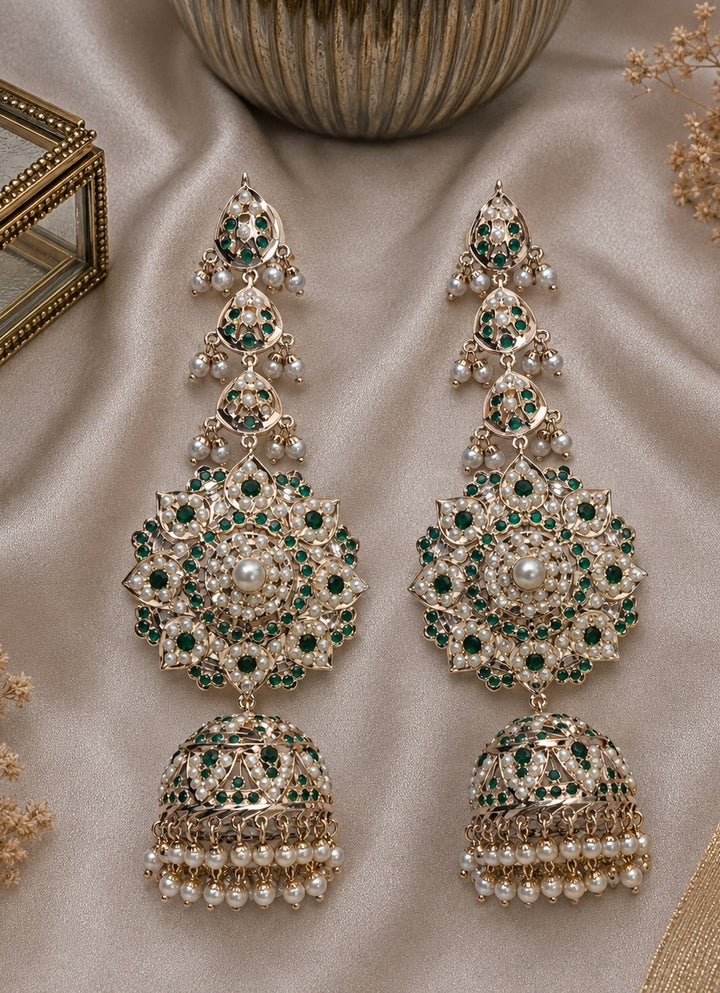 Emerald Green Stone Jadau Pearl Jhumka