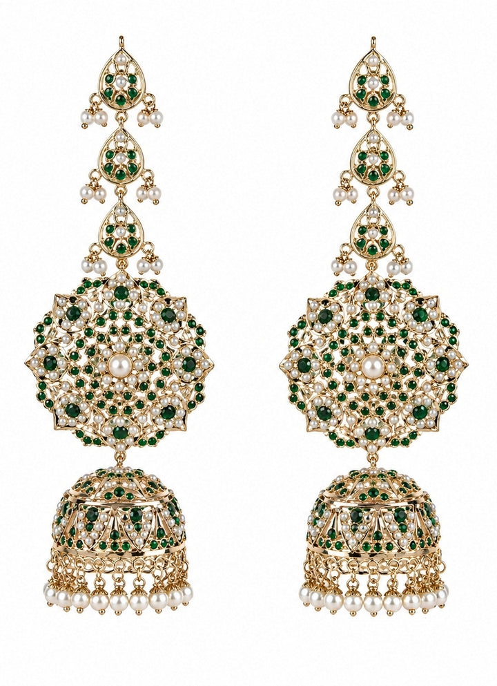 Emerald Green Stone Jadau Pearl Jhumka