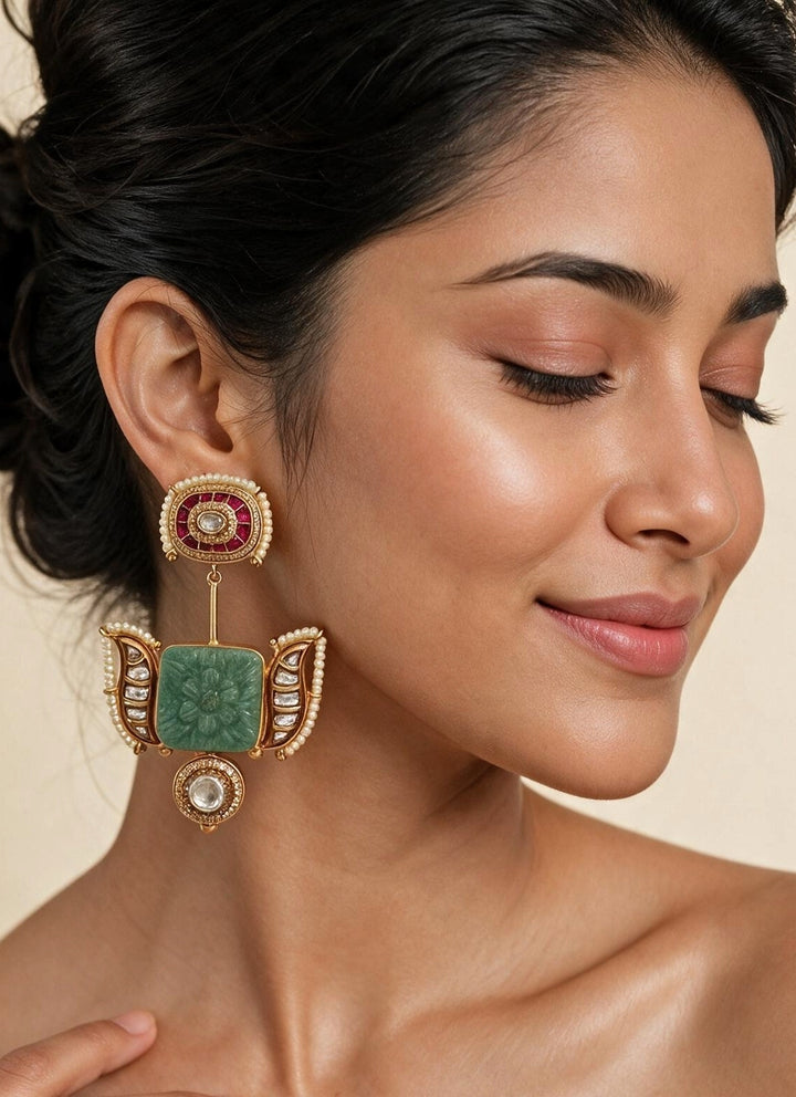 Sage Green Kundan Statement Earrings