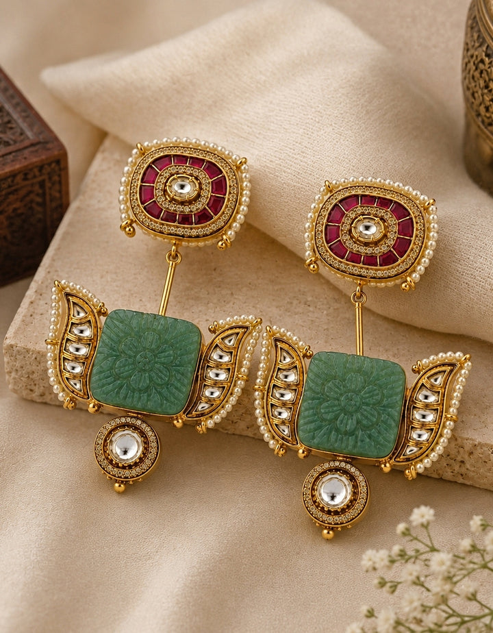 Sage Green Kundan Statement Earrings
