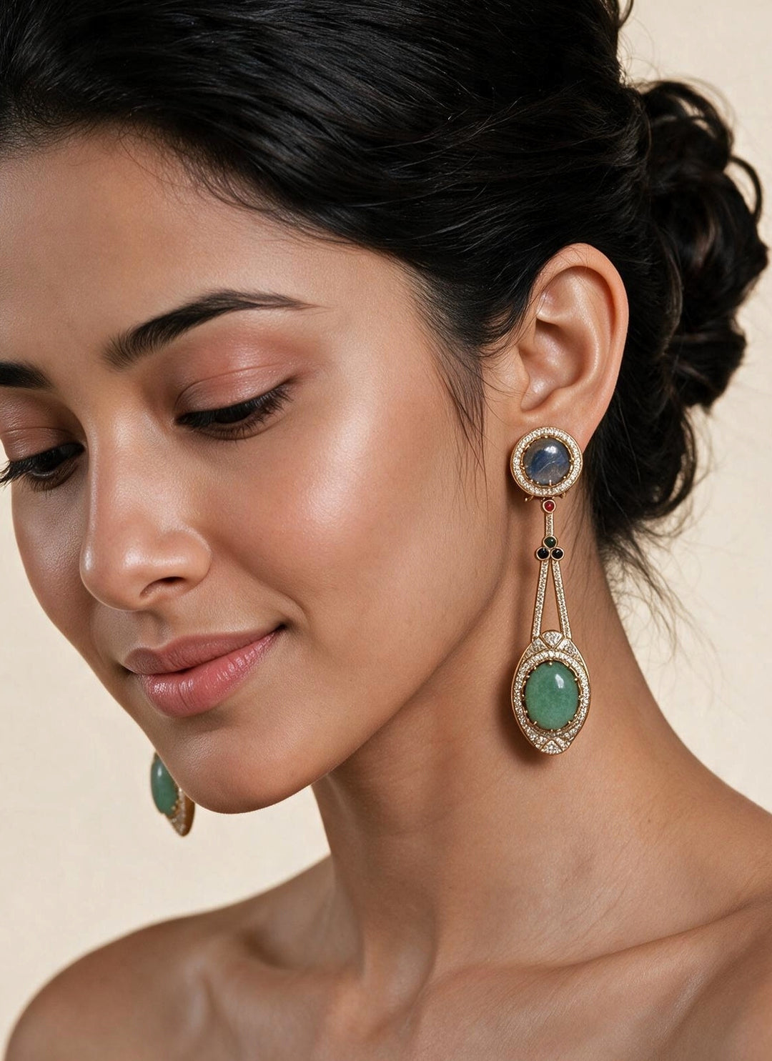 Blue &amp; Jade Green Stone Drop Earrings