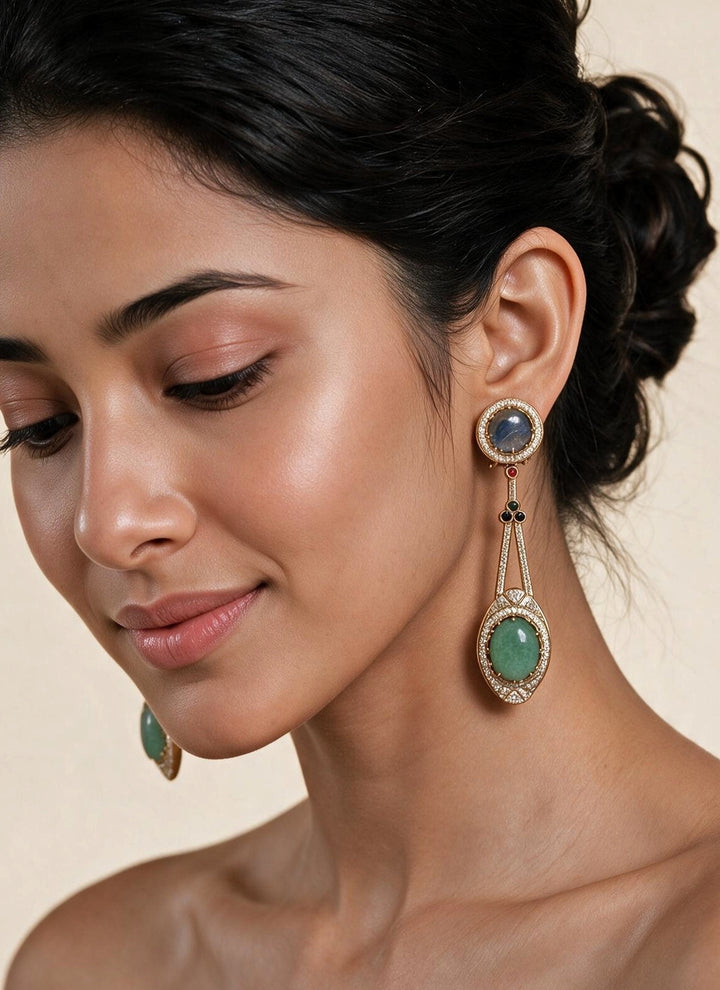 Blue &amp; Jade Green Stone Drop Earrings