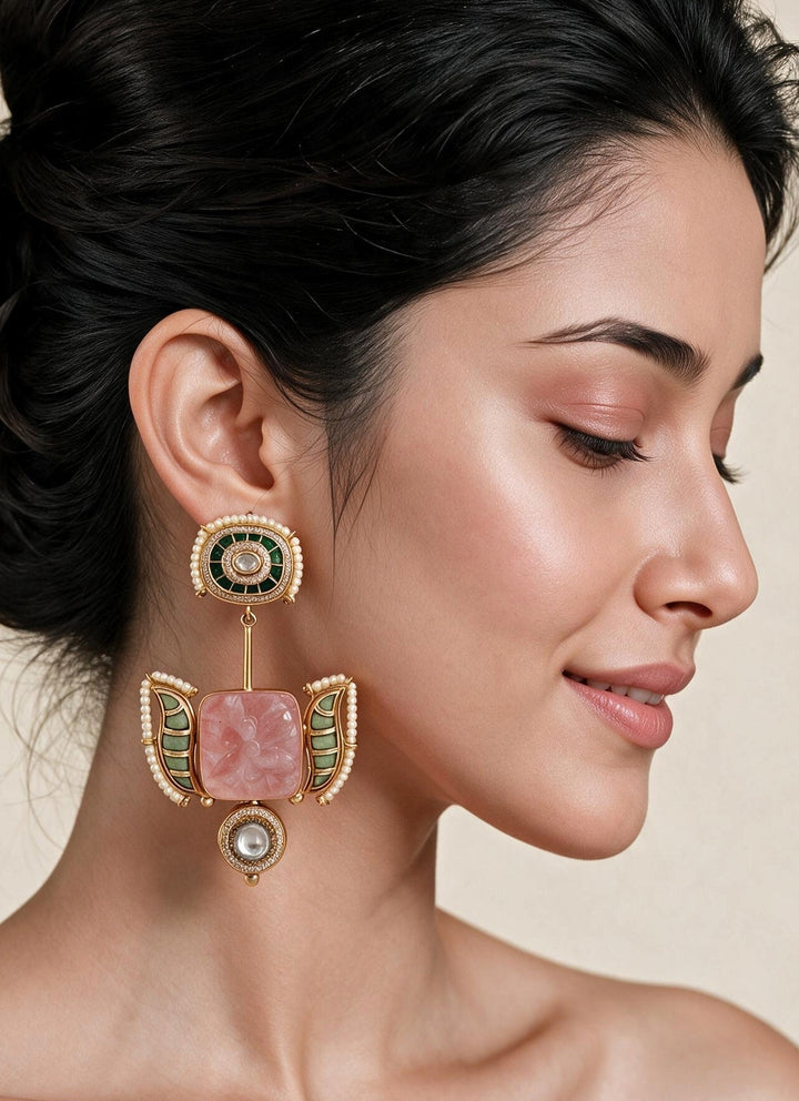 Blush Pink &amp; Emerald Green Statement Earrings
