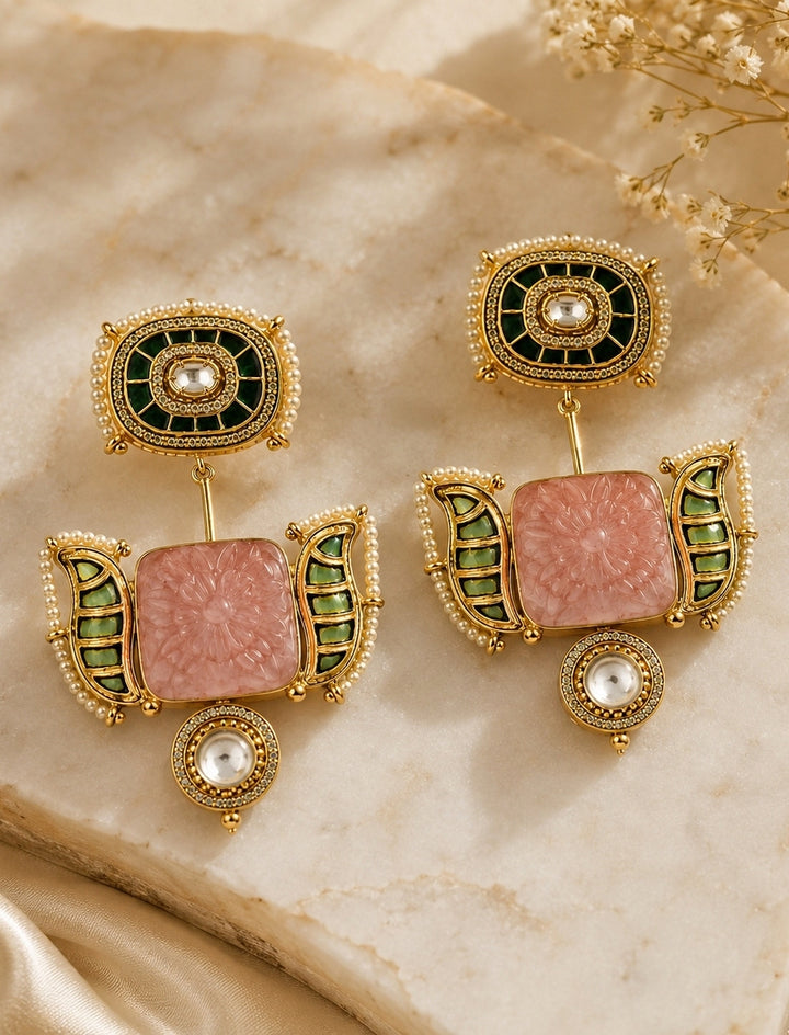 Blush Pink &amp; Emerald Green Statement Earrings