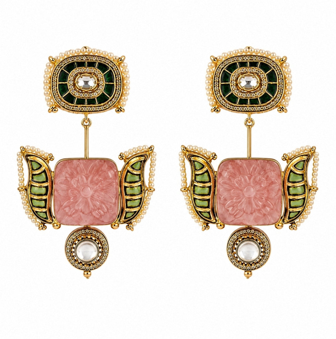 Blush Pink &amp; Emerald Green Statement Earrings