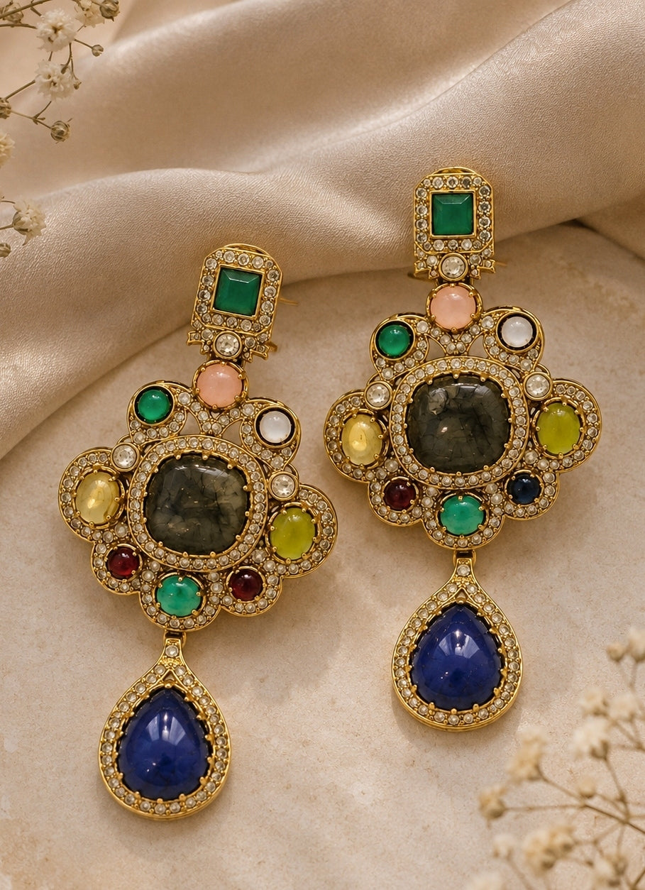 Multicolour Stone Statement Drop Earrings