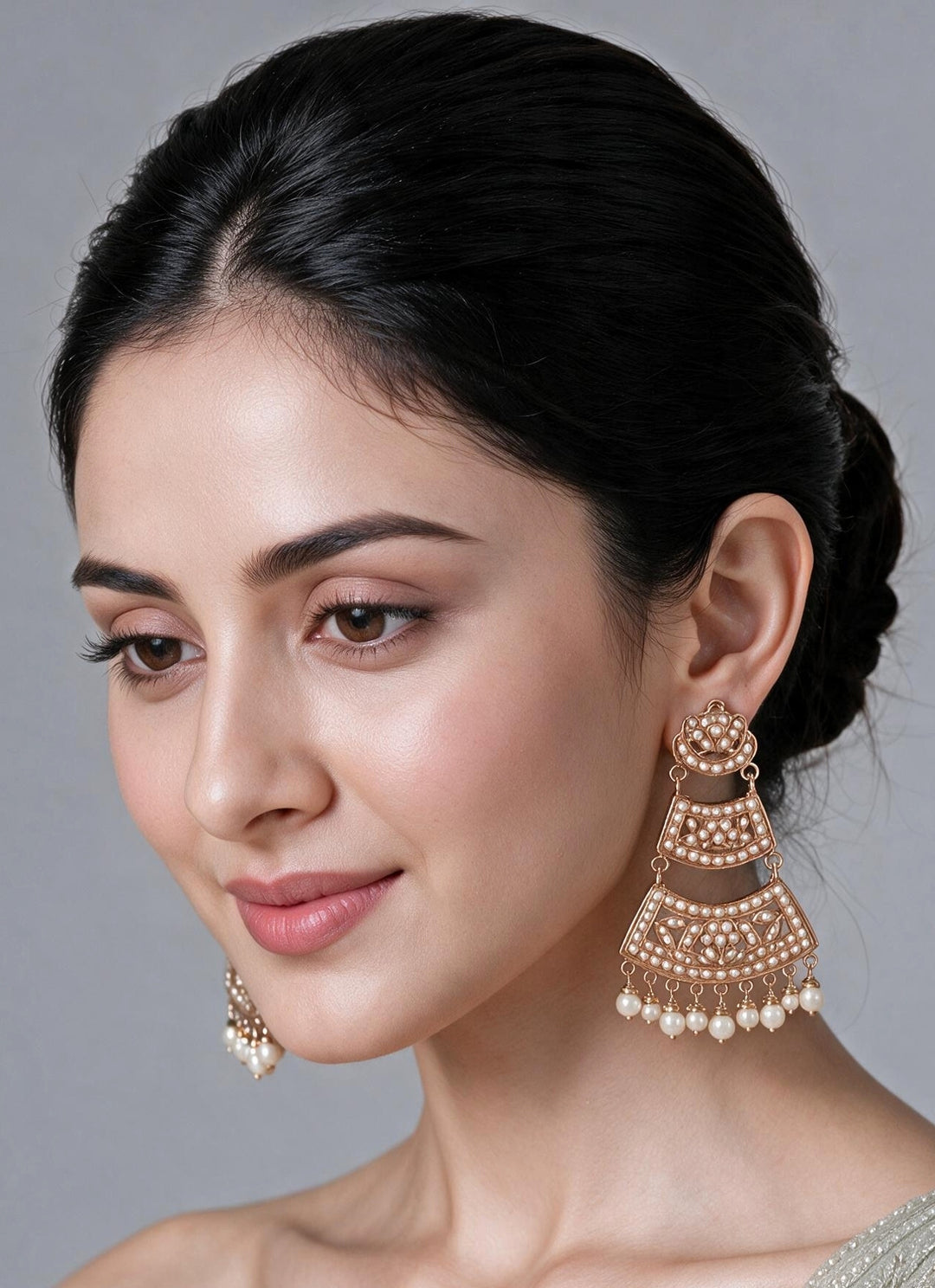 Gold Plated Jadau Pearl Tiered Statement Earrings