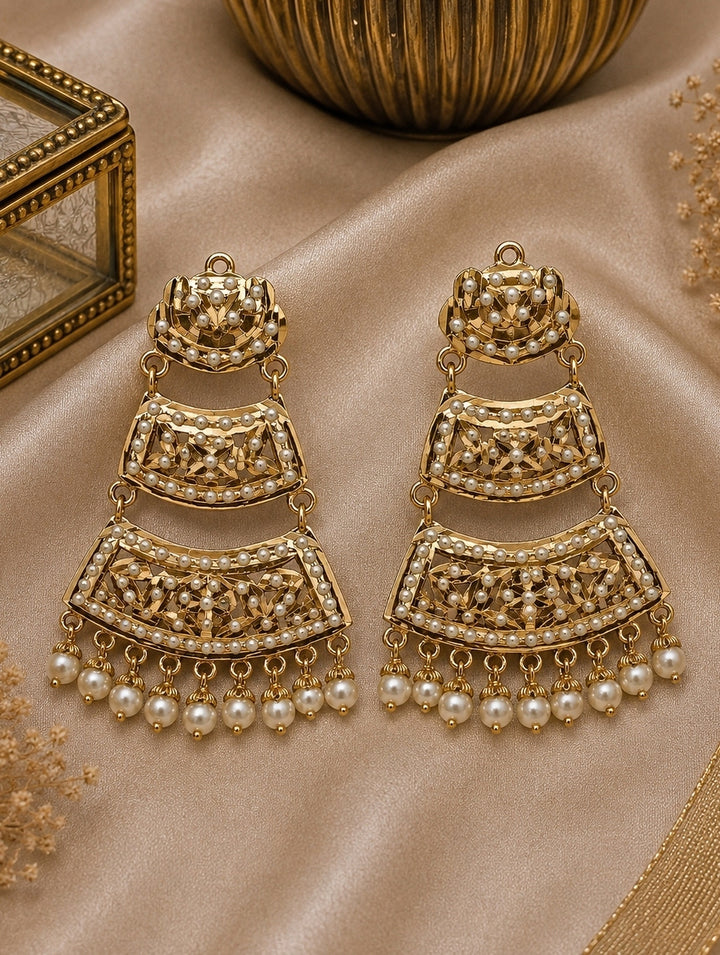 Gold Plated Jadau Pearl Tiered Statement Earrings