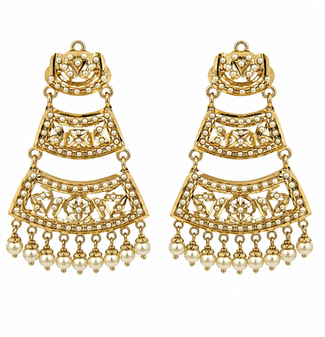Gold Plated Jadau Pearl Tiered Statement Earrings