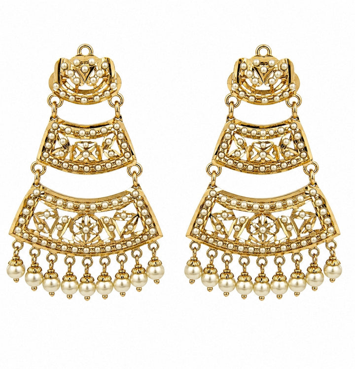 Gold Plated Jadau Pearl Tiered Statement Earrings