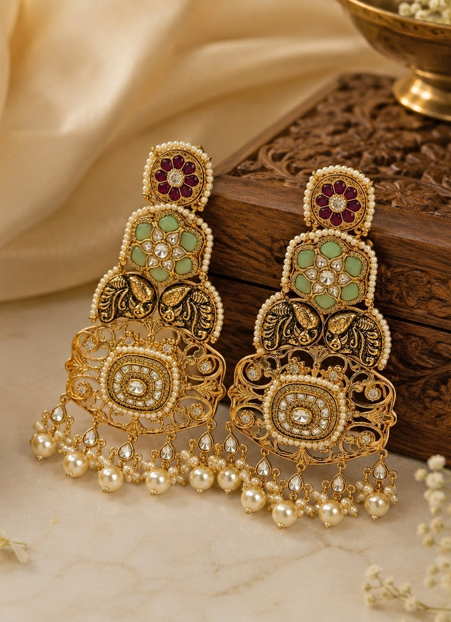 Multicolour Kundan Pearl Statement Earrings