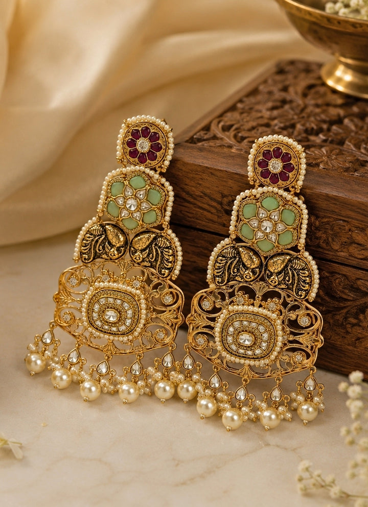 Multicolour Kundan Pearl Statement Earrings
