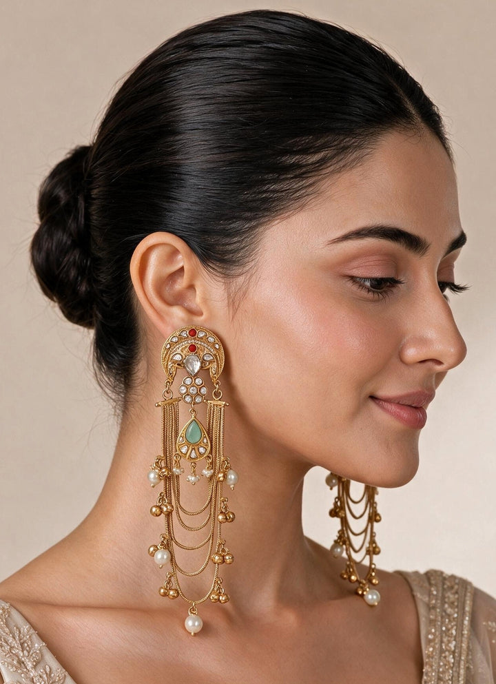 Sage Green Chain Drop Kundan Earrings