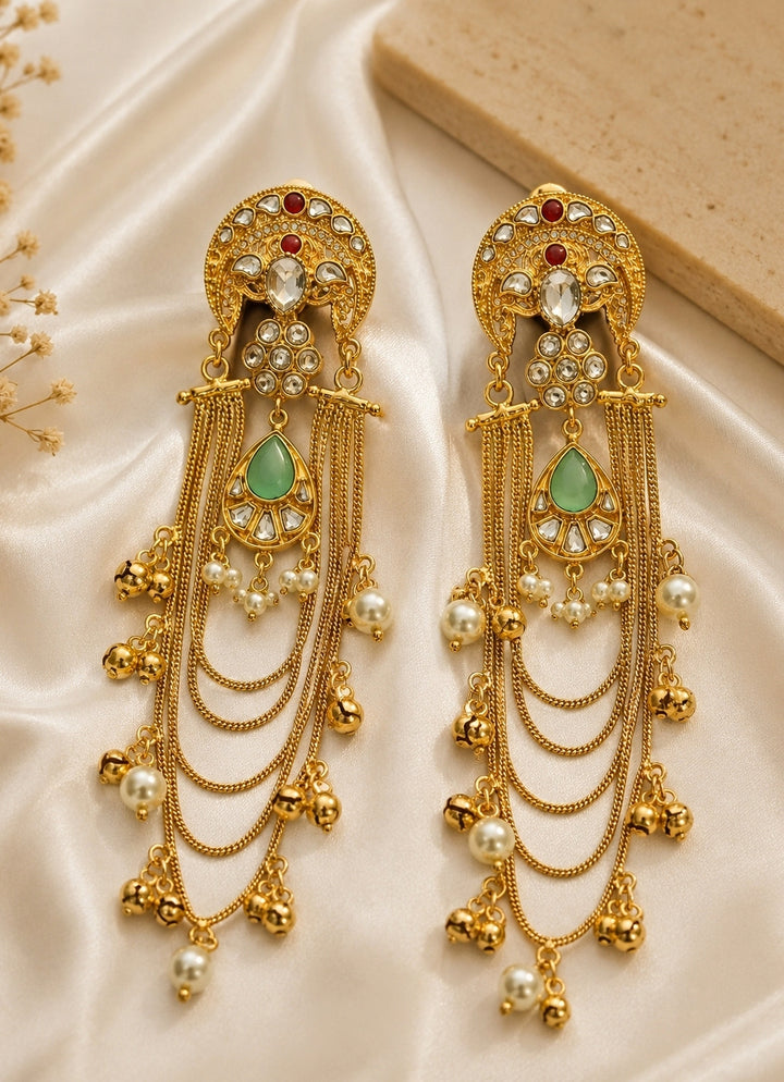 Sage Green Chain Drop Kundan Earrings
