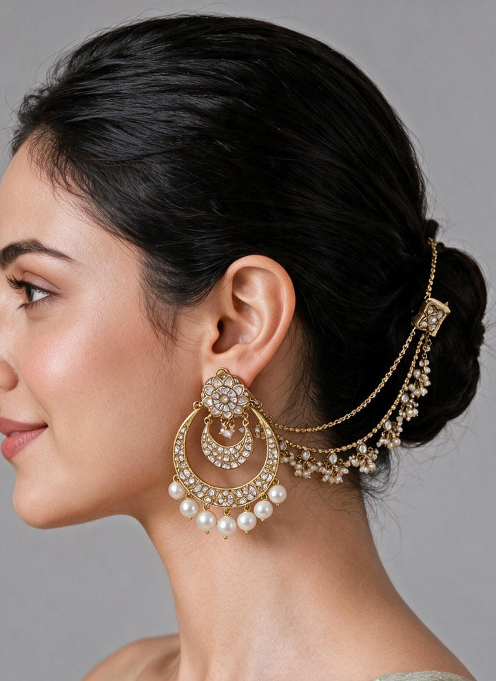 Gold Plated Kundan Pearl Chandbali With Ear Chains