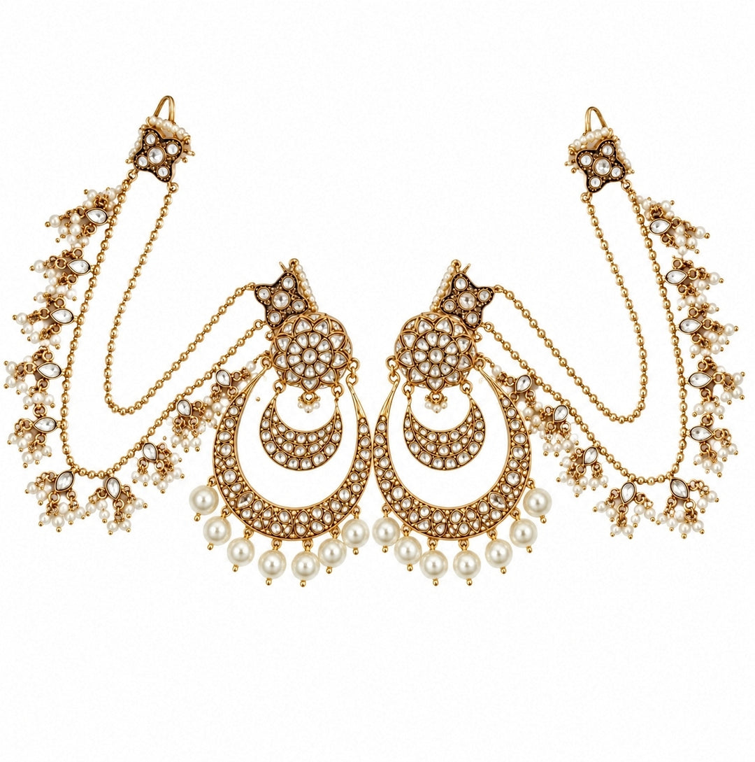 Gold Plated Kundan Pearl Chandbali With Ear Chains