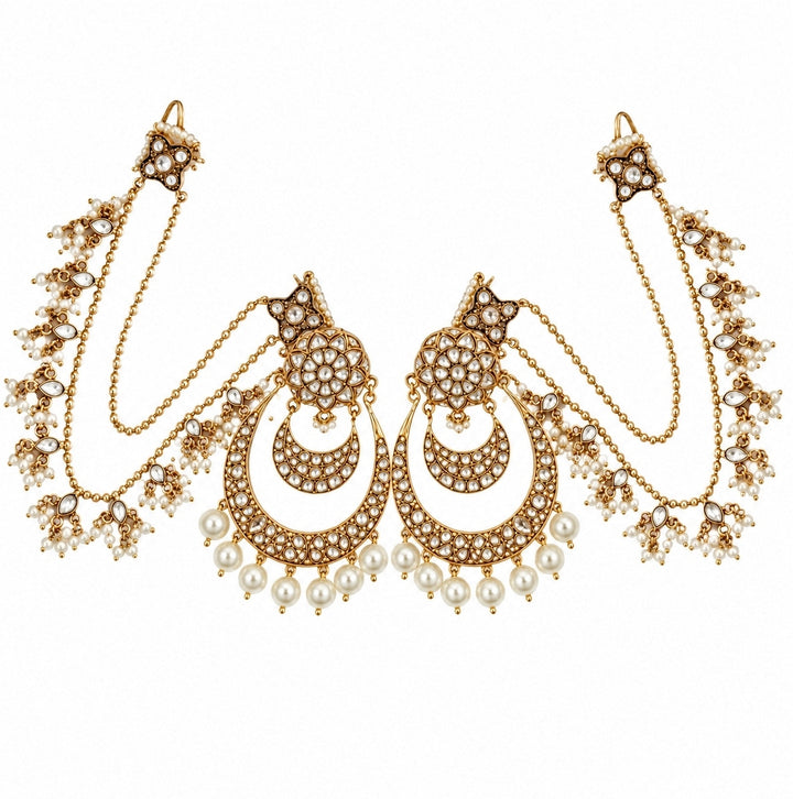 Gold Plated Kundan Pearl Chandbali With Ear Chains