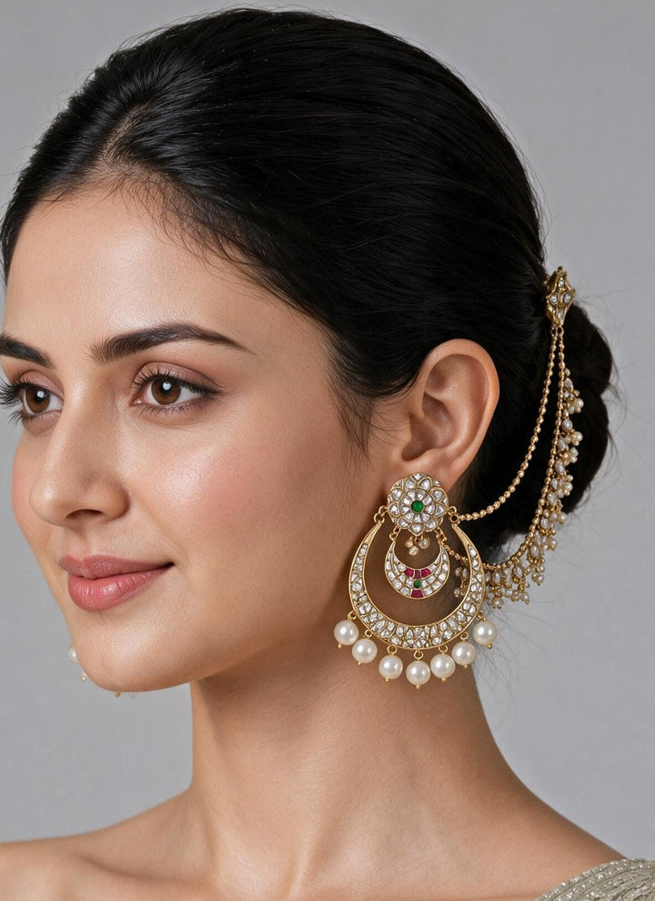 Gold Kundan And Pearl Chandbali With Ear Chains