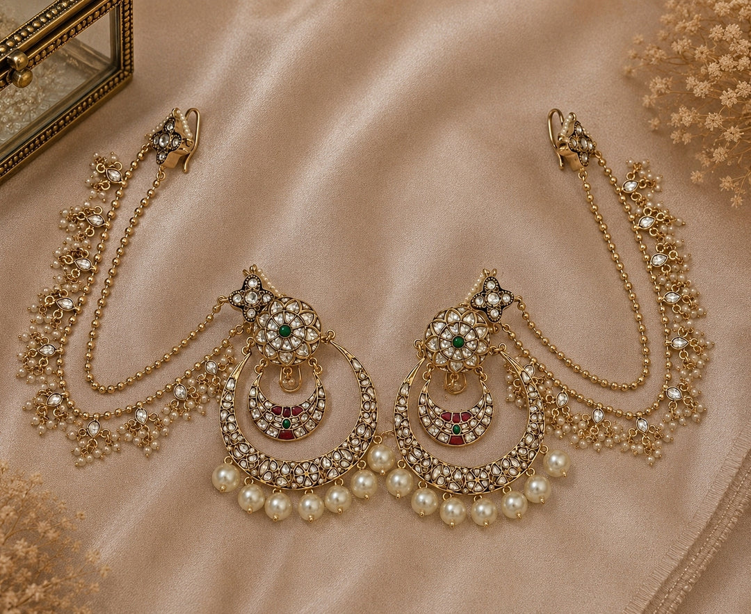 Gold Kundan And Pearl Chandbali With Ear Chains