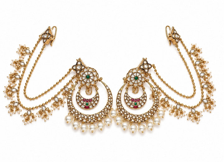 Gold Kundan And Pearl Chandbali With Ear Chains