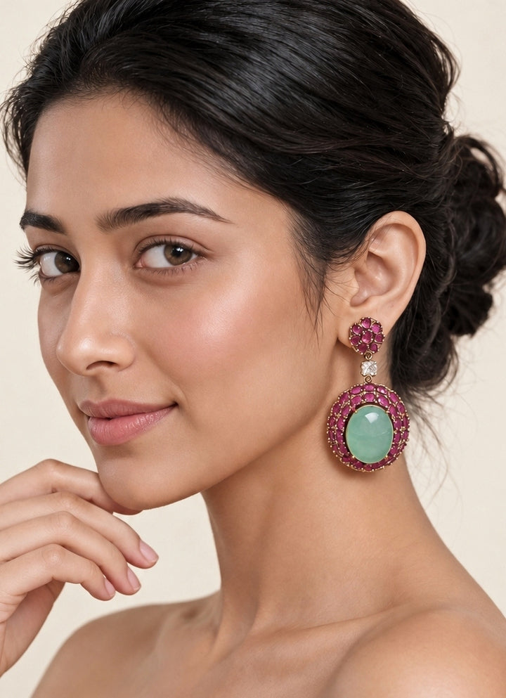 Ruby And Green Stone Drop Earrings