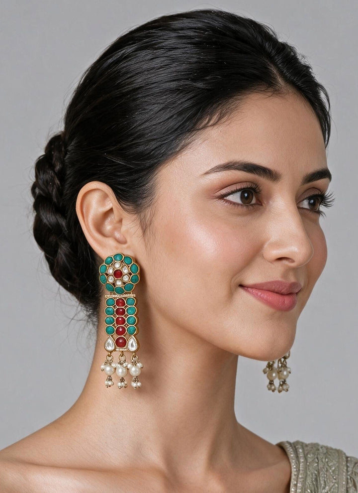 Gold Plated Multicolour Stone Drop Earrings