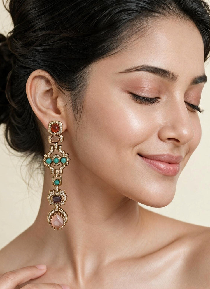 Multicolor Stone Long Statement Earrings