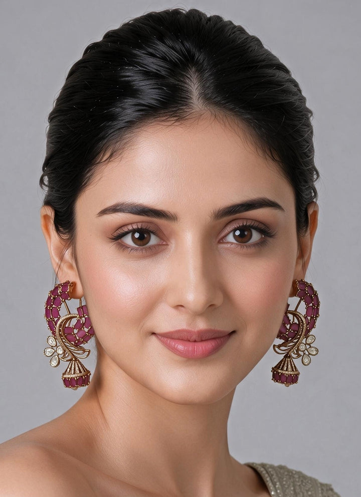 Pink Stone Peacock Statement Earrings