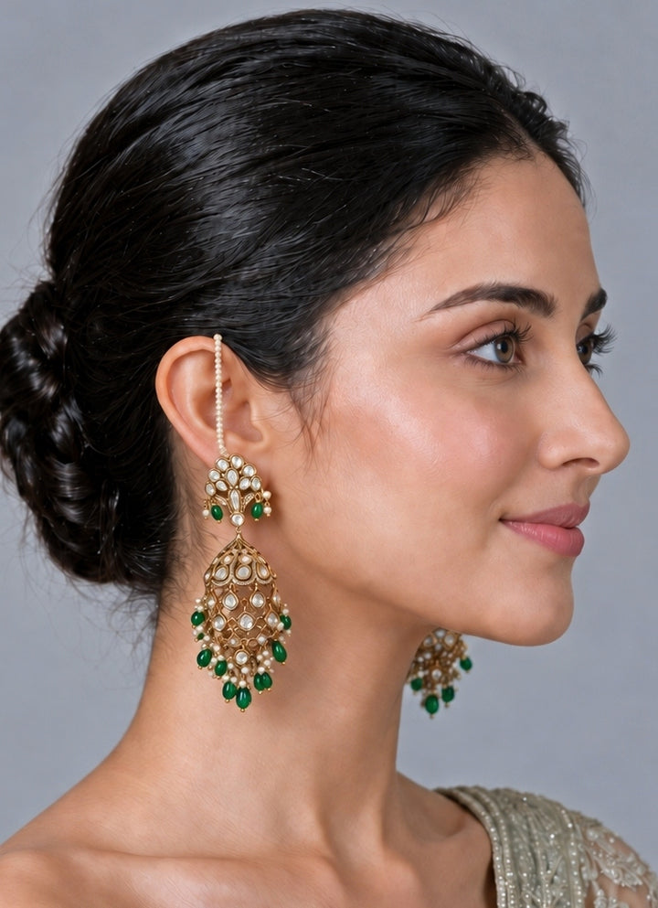 Gold Plated Kundan Pearl Earrings With Ear Chain