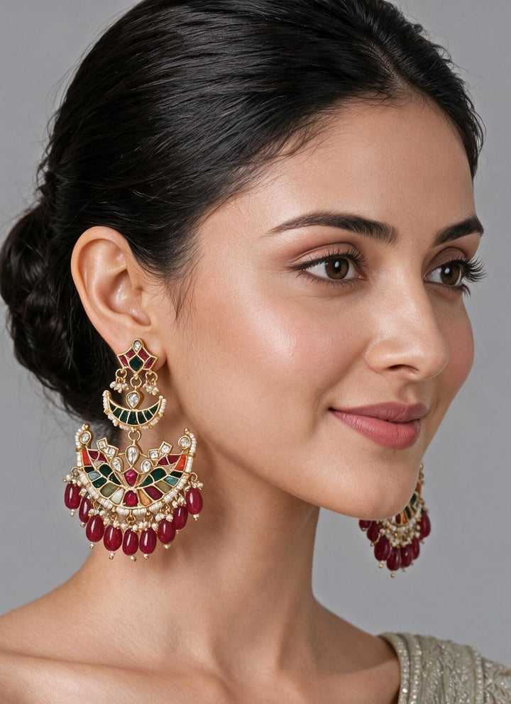 Multicolor Kundan And Pearl Chandbali