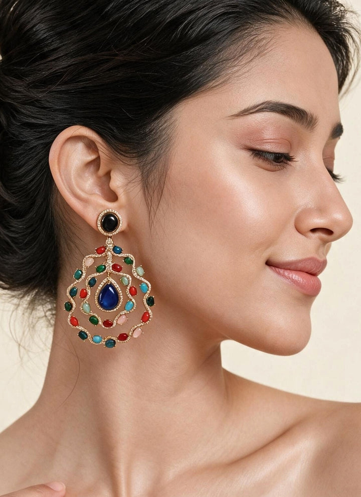 Gold Plated Kundan And Multicolor Stone Earrings