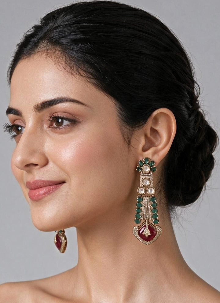 Emerald And Ruby Kundan Statement Earrings