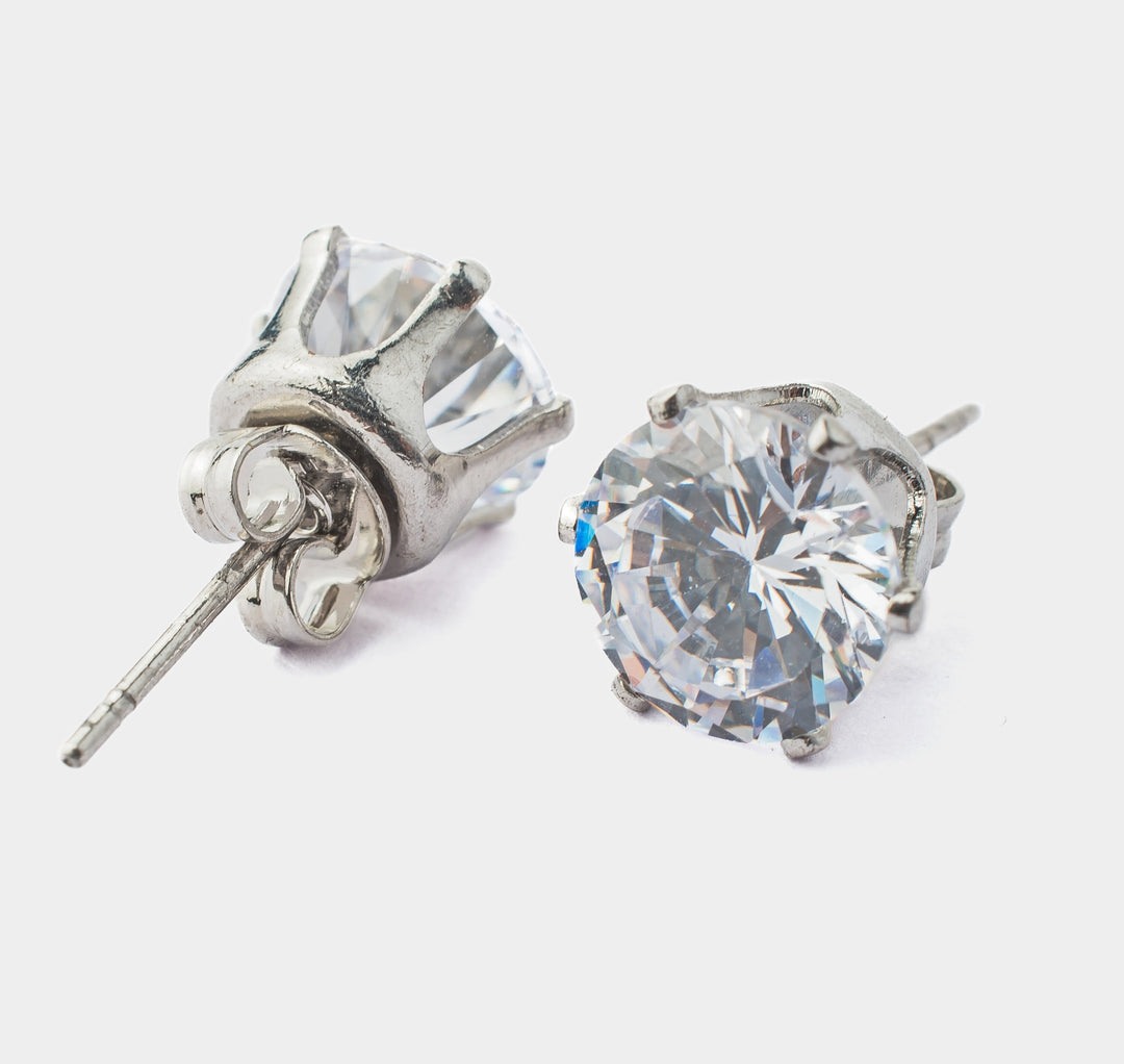 Silver Plated White Zircon Round Cut Stud Earrings