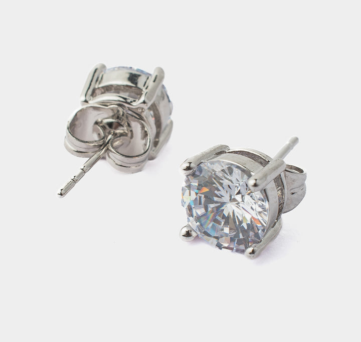 Silver Plated White Zircon Short Round Cut Stud Earrings