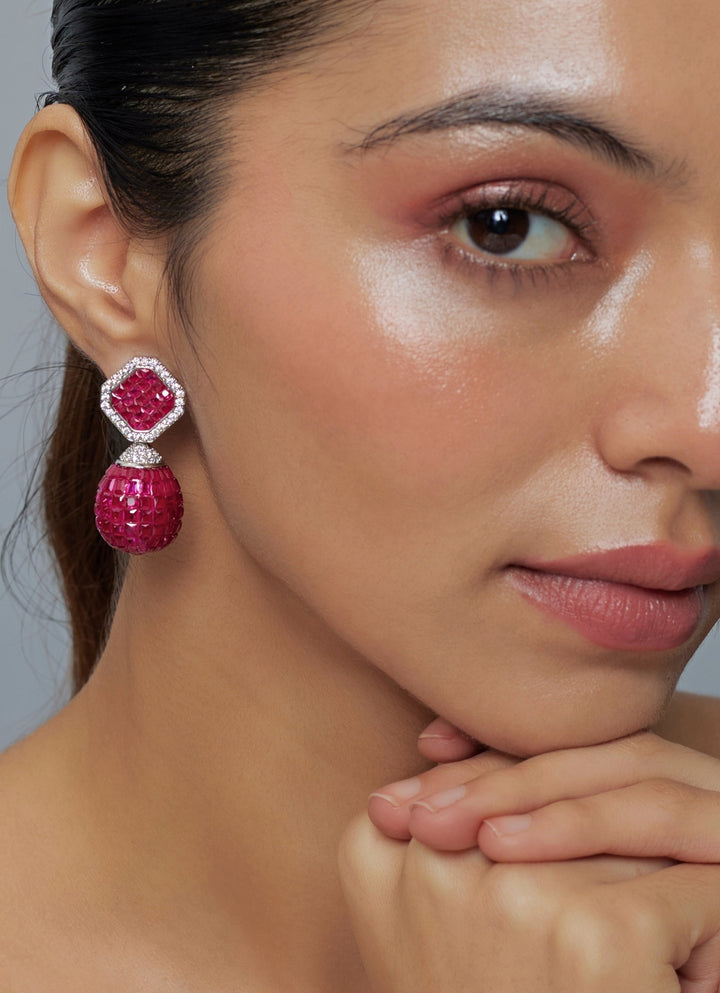 Silver Plated Pink And Zircon Dangler Earrings