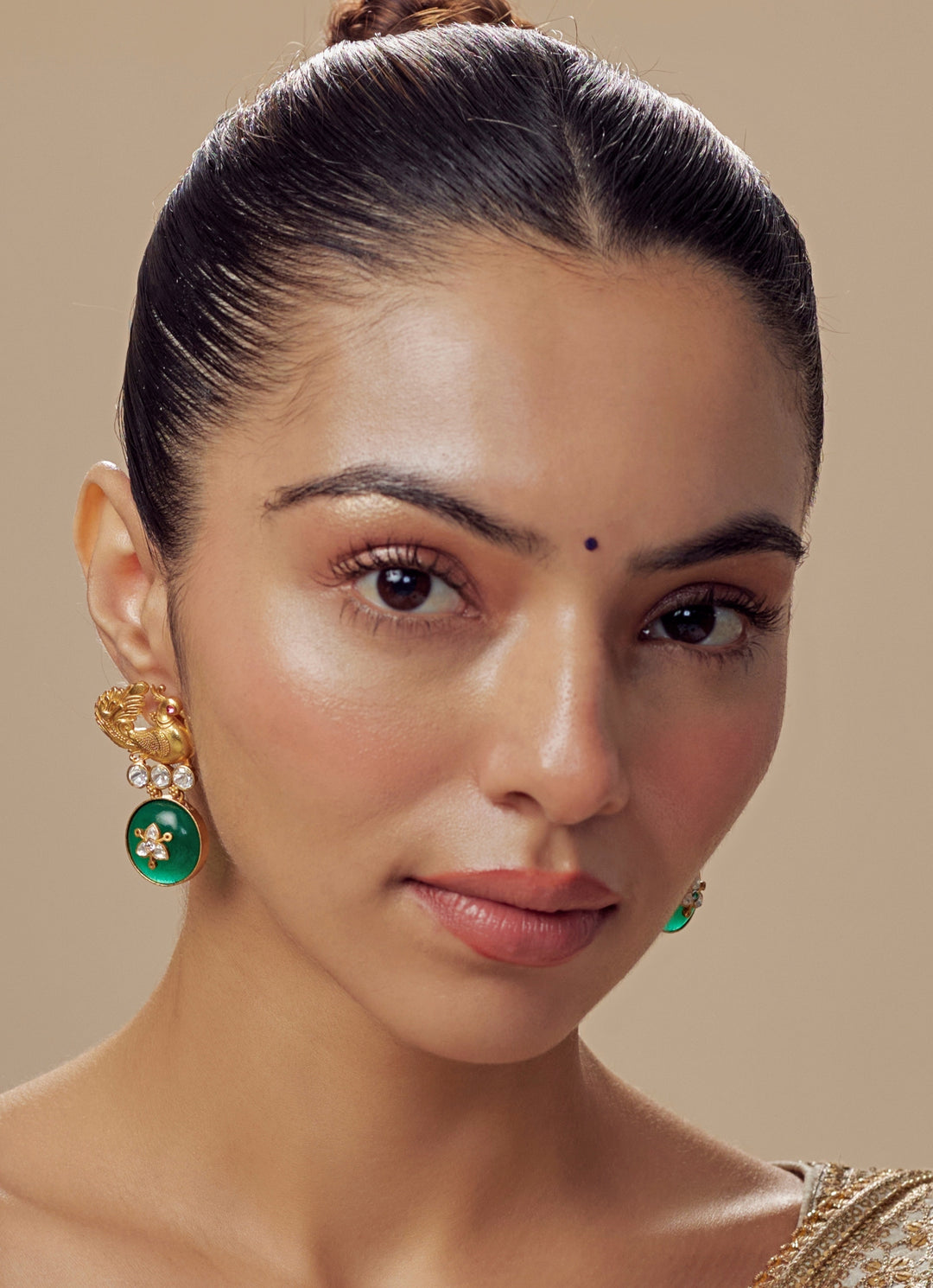 Gold Plated Green Peacock Earrings With Crystal