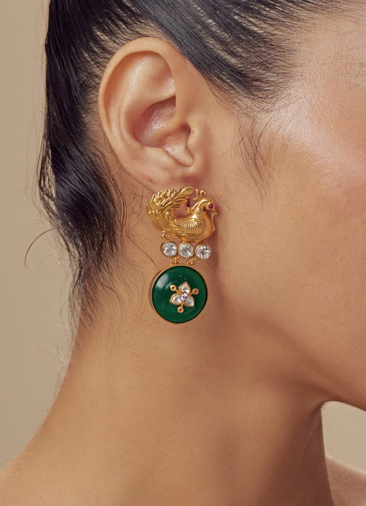 Gold Plated Green Peacock Earrings With Crystal