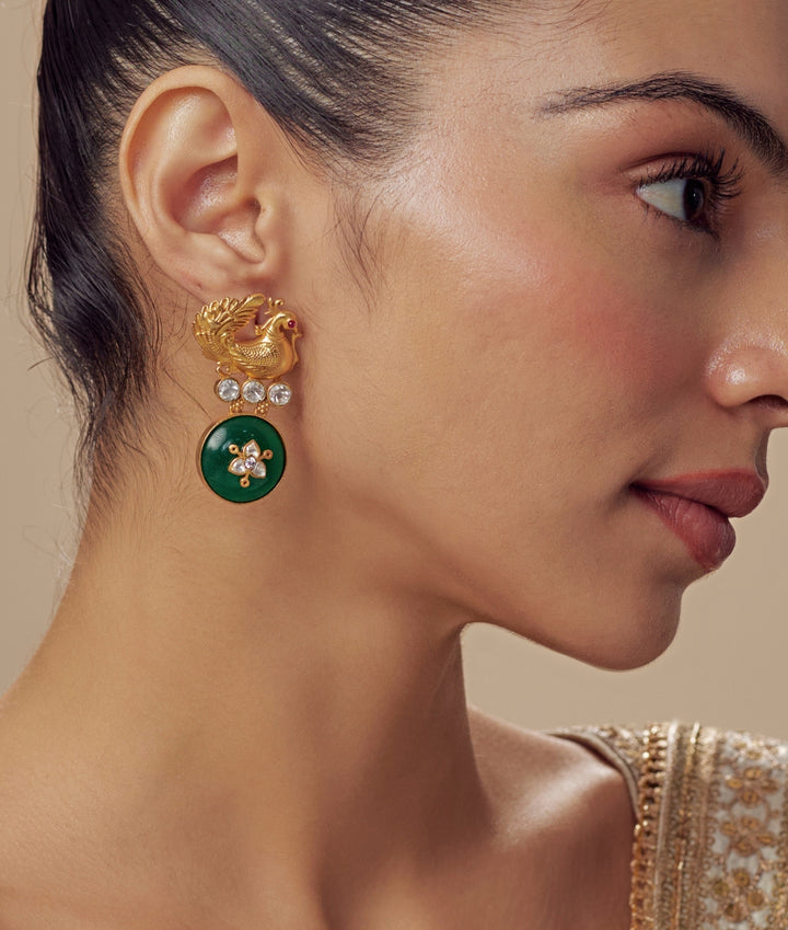 Gold Plated Green Peacock Earrings With Crystal