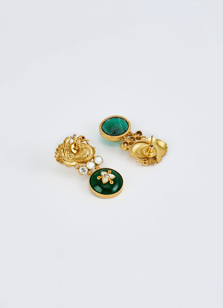 Gold Plated Green Peacock Earrings With Crystal