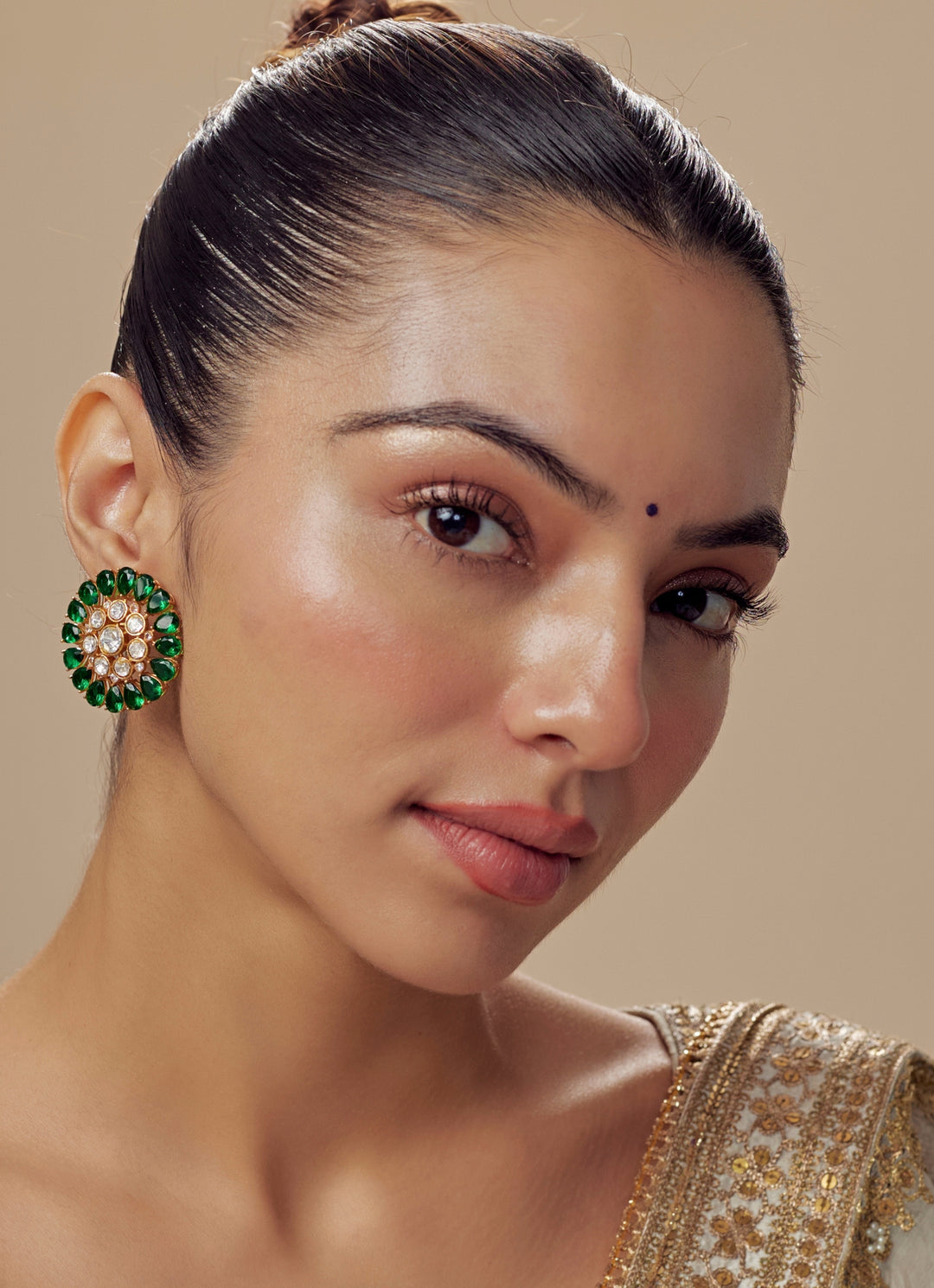 Gold Plated Green Kundan And Polki Stud Earrings