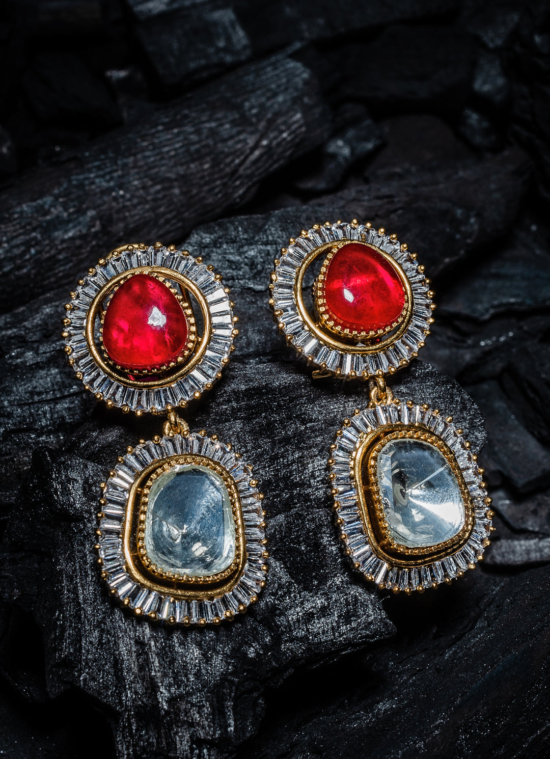 Gold Plated Red Kundan And Polki Dangler Earrings