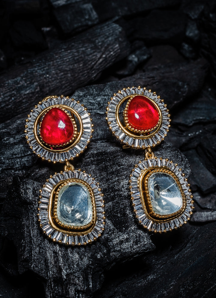 Gold Plated Red Kundan And Polki Dangler Earrings