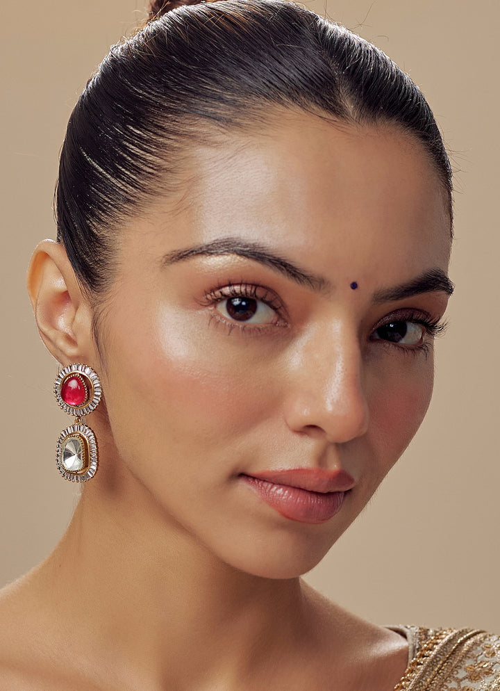 Gold Plated Red Kundan And Polki Dangler Earrings