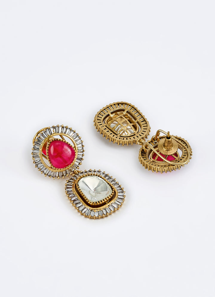 Gold Plated Red Kundan And Polki Dangler Earrings