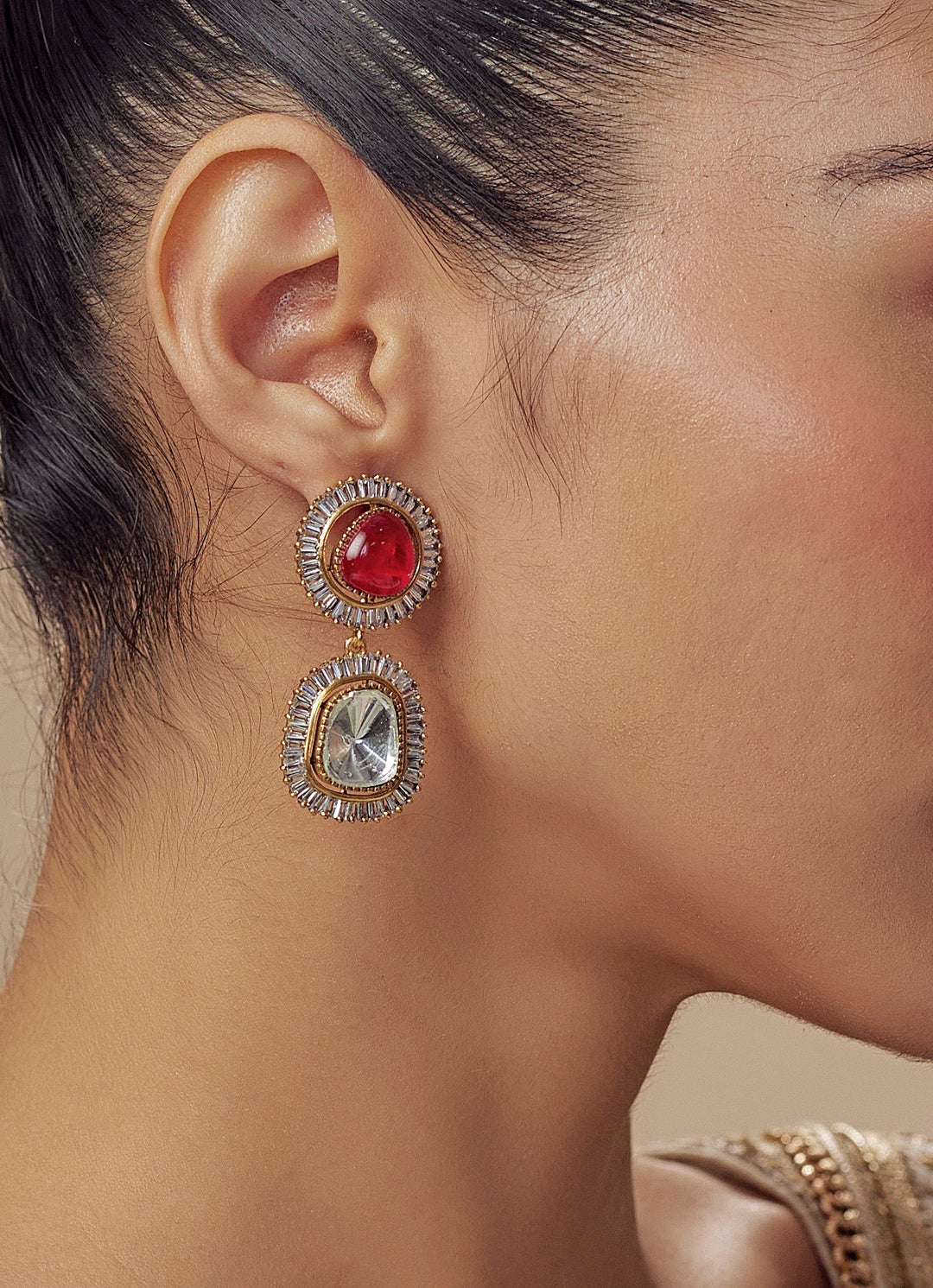 Gold Plated Red Kundan And Polki Dangler Earrings